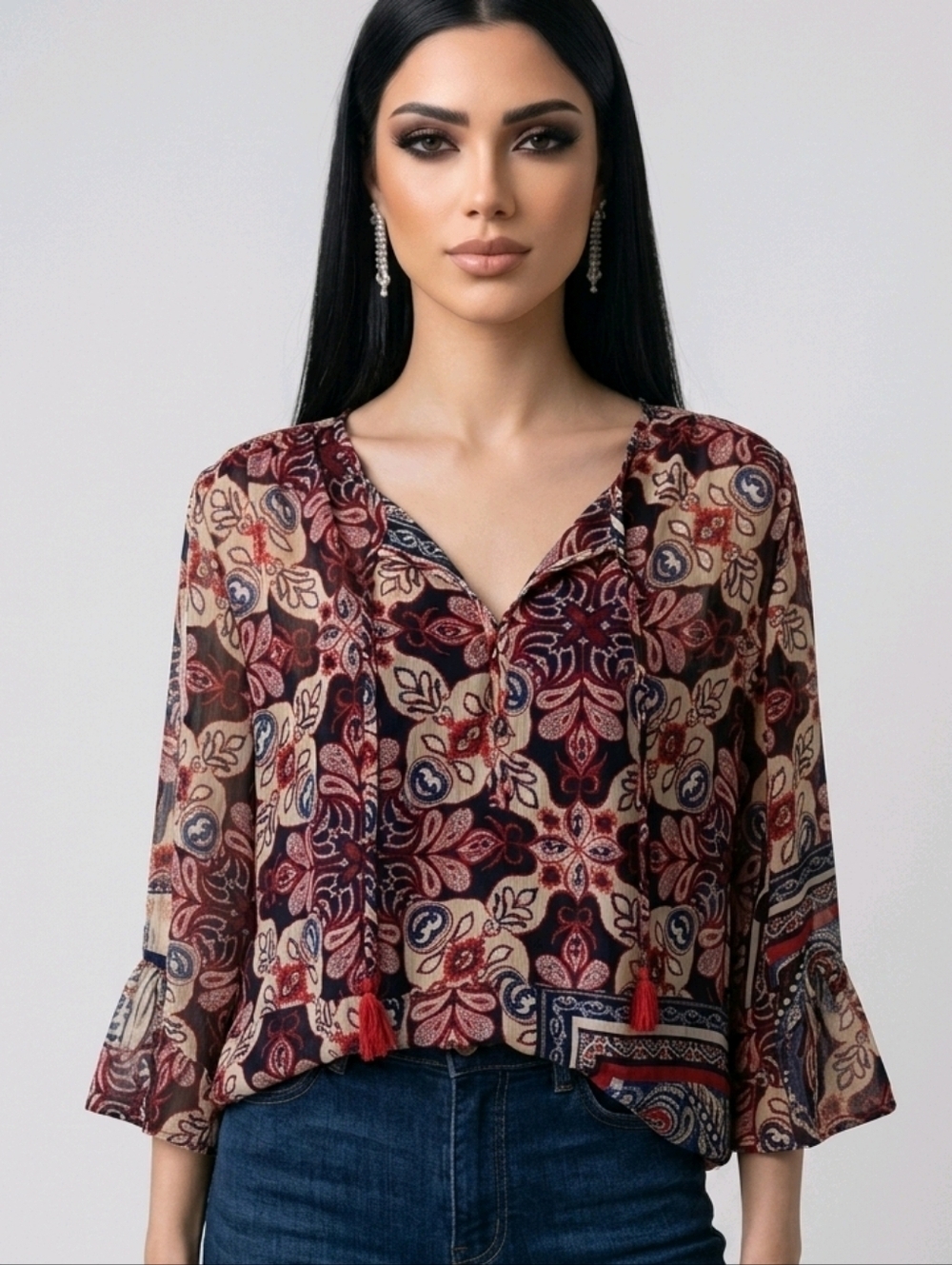 NWT Rafaella Bohemian Bell Sleeve Blouse ~sz Small
